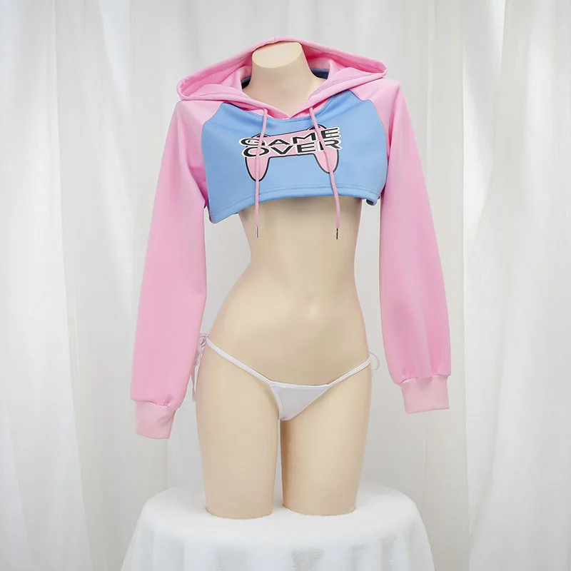 Anime Cosplay Bikini - かわいい長袖クロップトップパーカーピンクブルーマッチングスタイル女子学生服コスプレナイトガウン用
