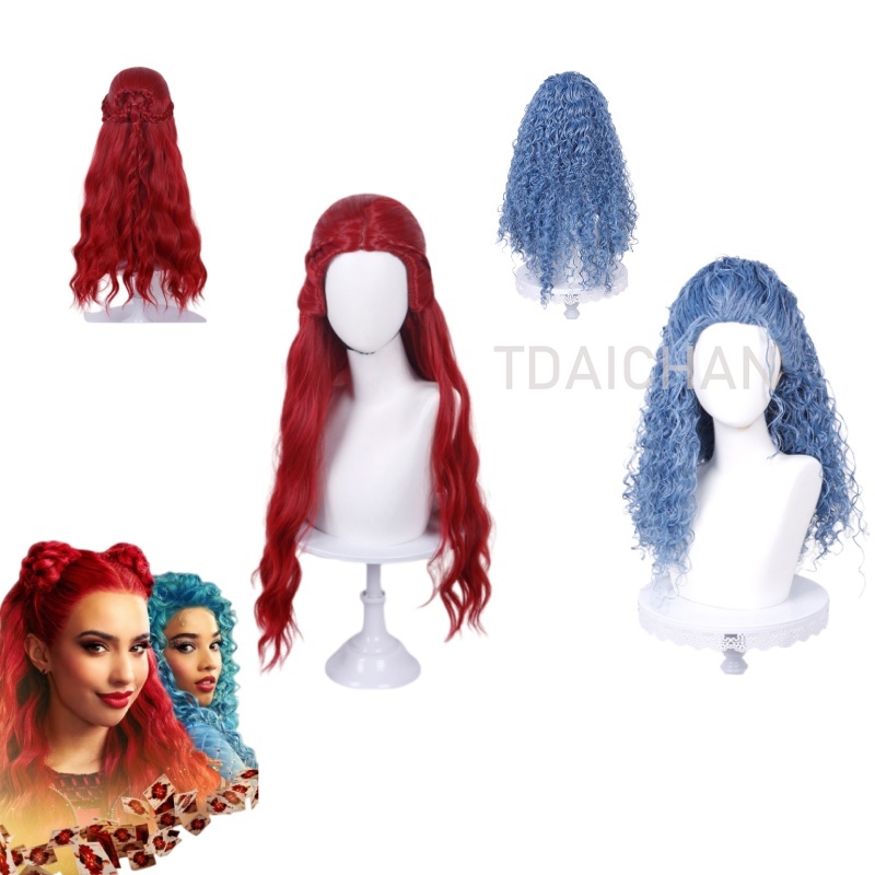 Anime Cosplay Blue Hair - カーリーコスプレウィッグレッドプリンセスハートヘアスタイルクローブブルー小さなカーリーウィッグ耐熱人工毛ハロウィンパーティーコスチューム