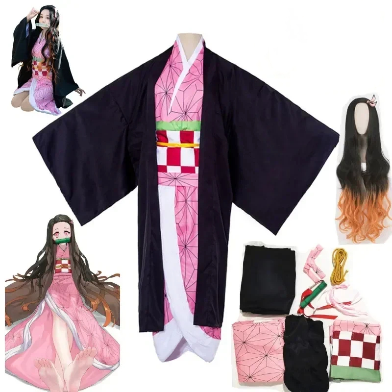 Anime Cosplay Nezuko - ハロウィン 竈門禰豆子 アニメ コスプレ衣装、着物、かつら、制服、ハロウィン、女性、子供用