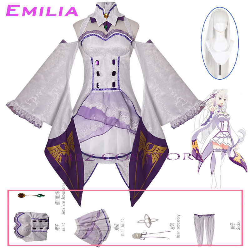 Anime Zero Cosplay - エミリアコスプレアニメ再ゼロカラハジメル異世界生活衣装白制服ドレスウィッグセットハロウィンパーティー衣装女性用