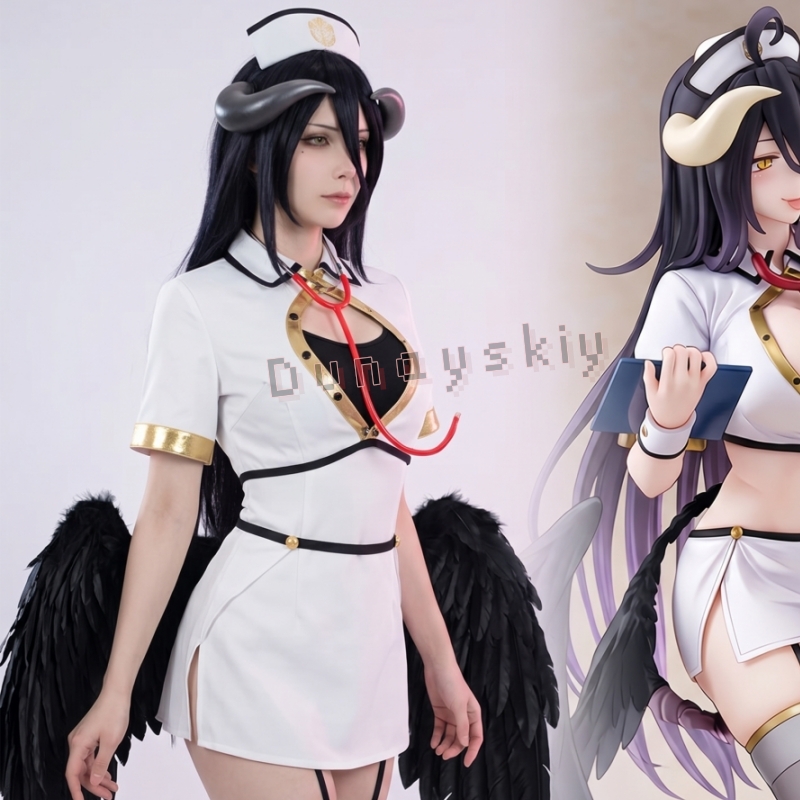 Anime Cosplay Albedo - オーバーロードアルベドゴシック天使ナースコスプレ衣装ミニドレス黒ダークウィングアクセサリー女性ハロウィンパーティードレス制服