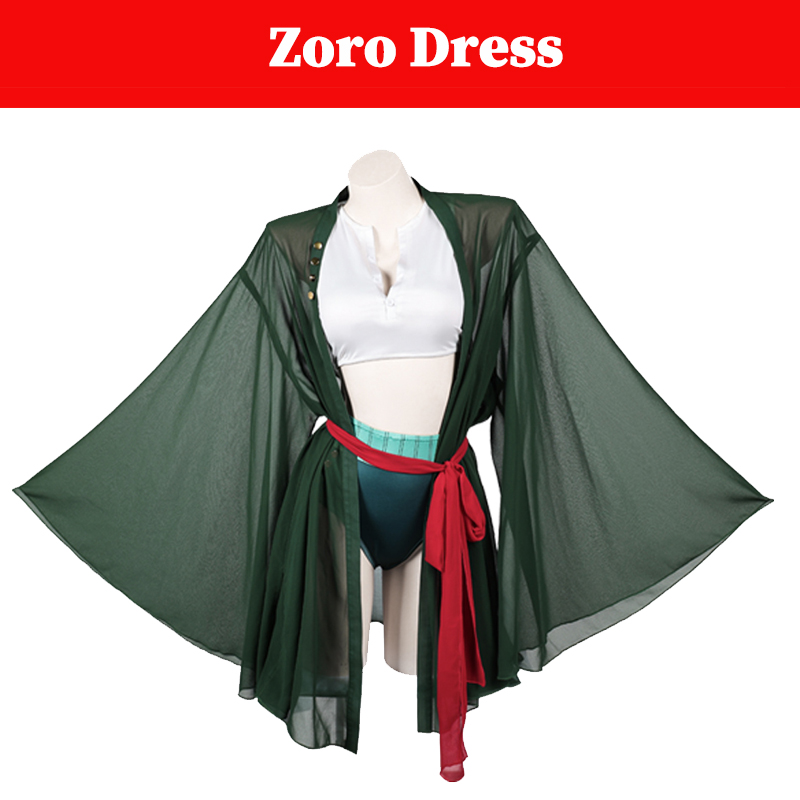 Anime Zoro Cosplay Female - 女性海賊ロロノアコスプレゾロ衣装女性ロールプレイファンタジア服スカートグリーンケープビキニ水着ハロウィンスーツ