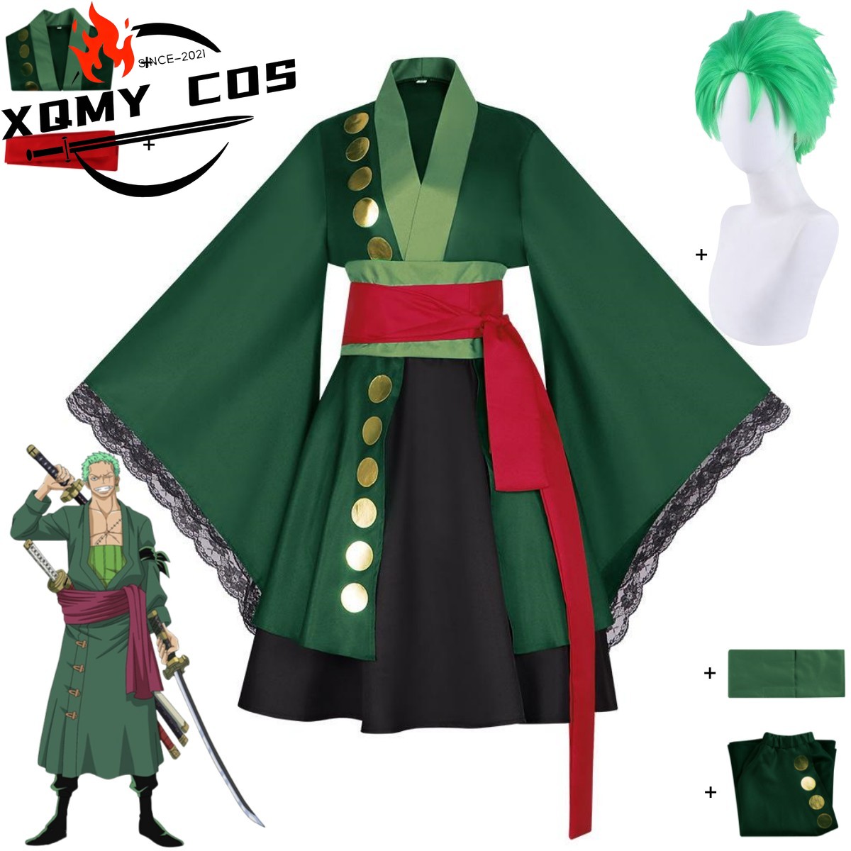 Anime Zoro Cosplay Female - XqAnime ロロノア・ゾロ コスプレ衣装 ワノ国 女性用 緑色