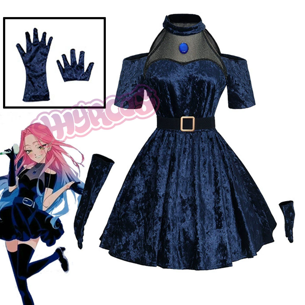 Anime Cosplay Blue Hair - Mizi コスプレアニメエイリアンステージ衣装ダークブルードレスピンクブルーロングヘア手袋ストッキングベルトセット制服クリスマス用