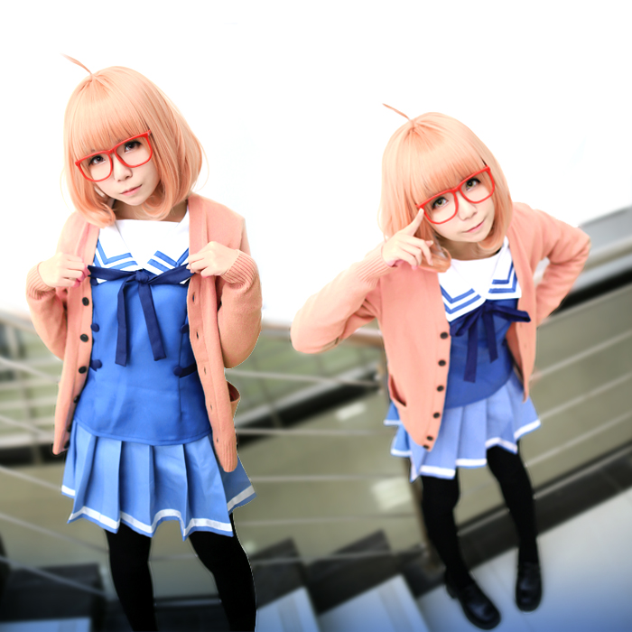 Anime Cosplay Glasses - 境界の彼方 理世間みらい コスプレ衣装 フルセット コート+スカート+ネクタイ+靴下+セーター+メガネ+ウィッグ