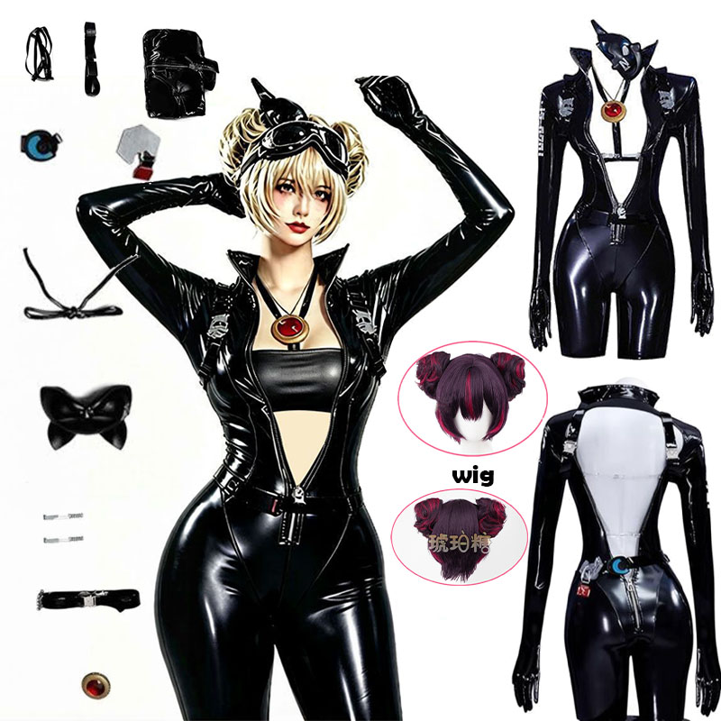Anime Cosplay Bodysuit - WHH アニメニッケクエンシーコスプレ衣装黒のボディスーツマスクベルト付き素敵なステッチコスプレ衣装女性ロールプレイパーティー