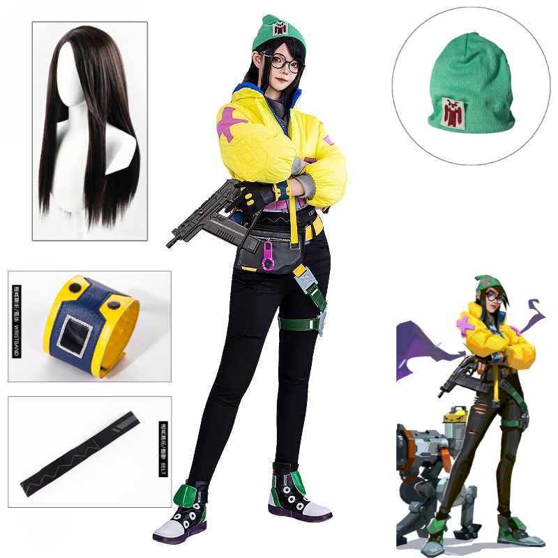 Anime Cosplay Glasses - ヴァロラントキルジョイコスプレ衣装フルセット黄色のテックウェアジャケットカーゴパンツベルトメガネ女性用ハロウィン