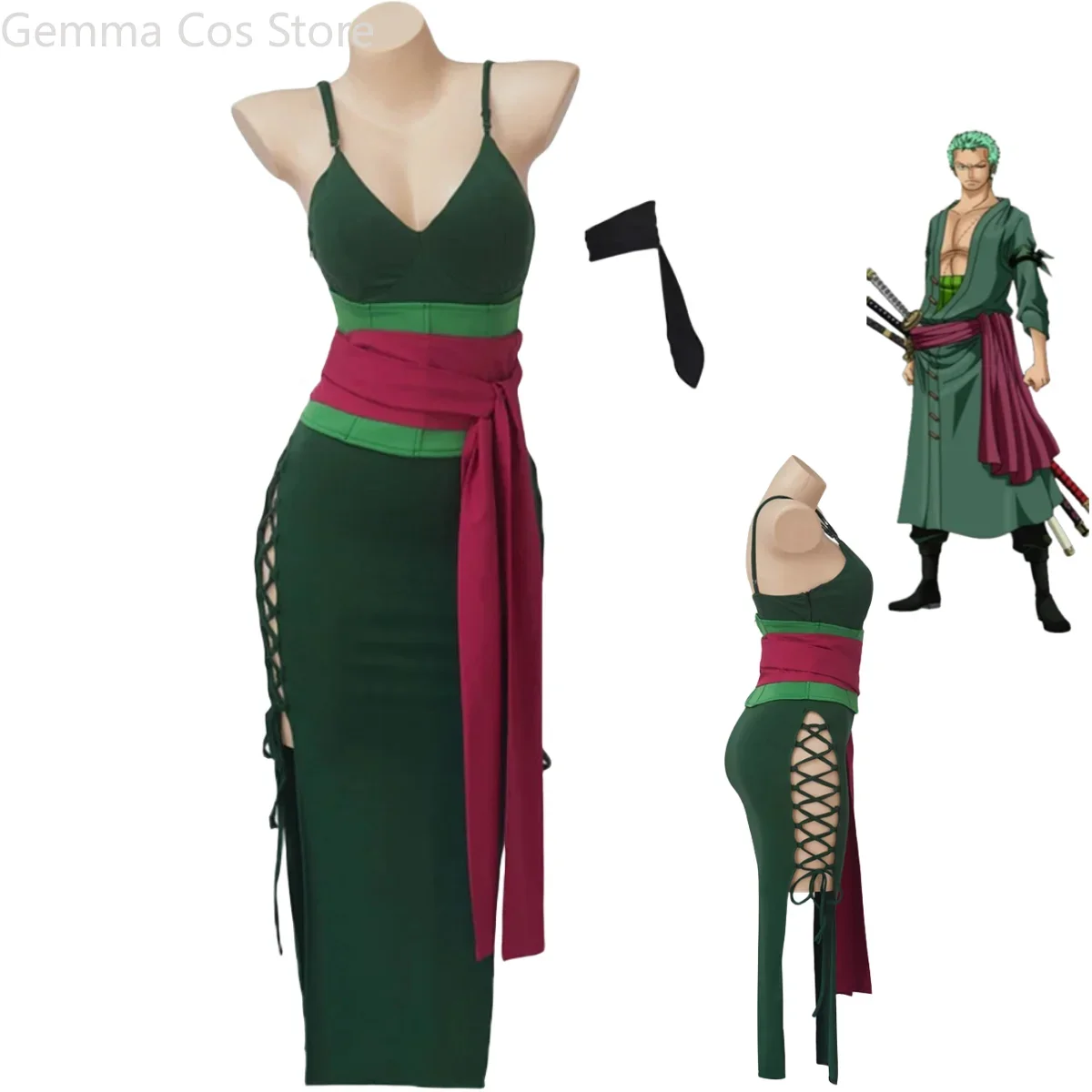 Anime Zoro Cosplay Female - アニメロロノア・ゾロコスプレ衣装女性バージョングリーンセクシーなサスペンダードレスとベルト女性カーニバルハロウィンスーツ