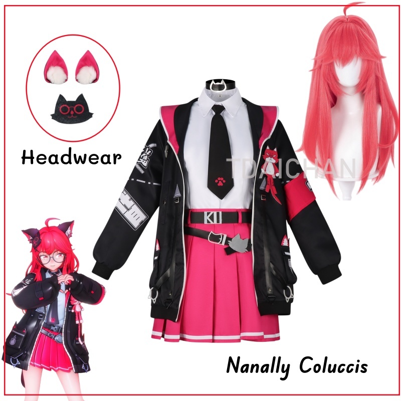Anime Cosplay Glasses - ネバーネス・トゥ・エバネス ナナリー・コルッチシ コスプレ衣装 フルセット ピンクウィッグ付き 猫耳メガネ