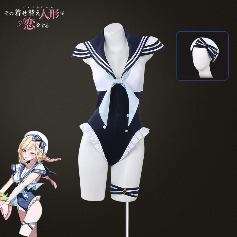 Kitagawa Anime Cosplay - アニメ私のドレスアップダーリン北川マリンコスプレ衣装女性のセクシーなジャンプスーツ水着帽子付きネイビースタイルビーチウェア水着