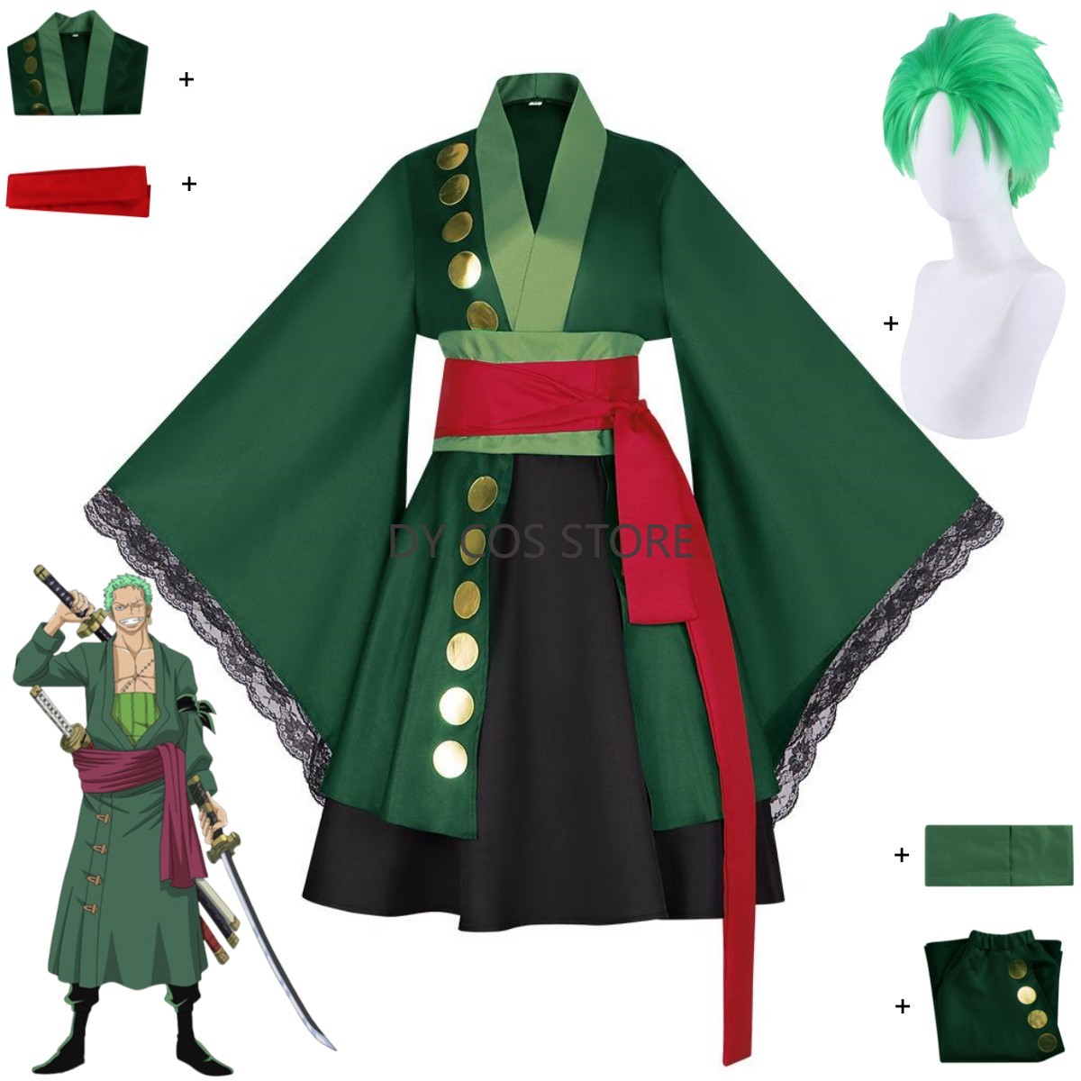 Anime Zoro Cosplay Female - アニメロロノア・ゾロコスプレ衣装ワノ国国女性緑日本の着物ロリータスカートかつら女性セクシーなカーニバルスーツ