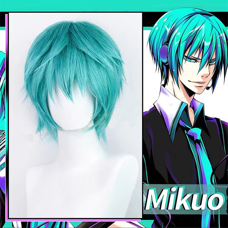 Anime Cosplay Blue Hair - Mikuo コスプレウィッグアニメミクブルーショートヘアアクセサリー高温ワイヤーヘアウィッグキャップ付き男性用