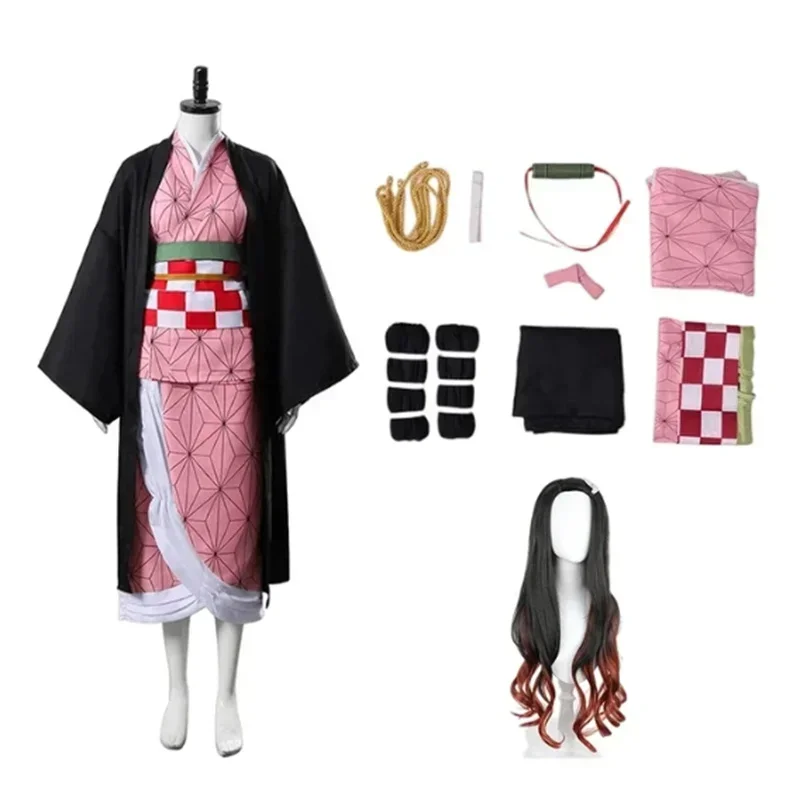 Anime Cosplay Nezuko - 2025年ハロウィンアニメ鬼滅の刃ねずこコスプレ衣装着物鬼滅の刃カマドねずこコスチュームウィッグ女性用
