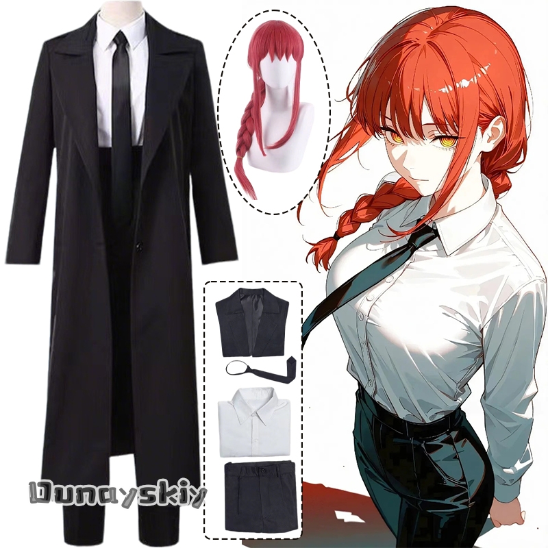 Anime Cosplay Chainsaw Man - アニメマンマキマコスプレ衣装{ヘメラ}ハロウィンチェーンソー変装ガールコスチュームマキマウィッグロングライトレッドブレイド女性コスチューム