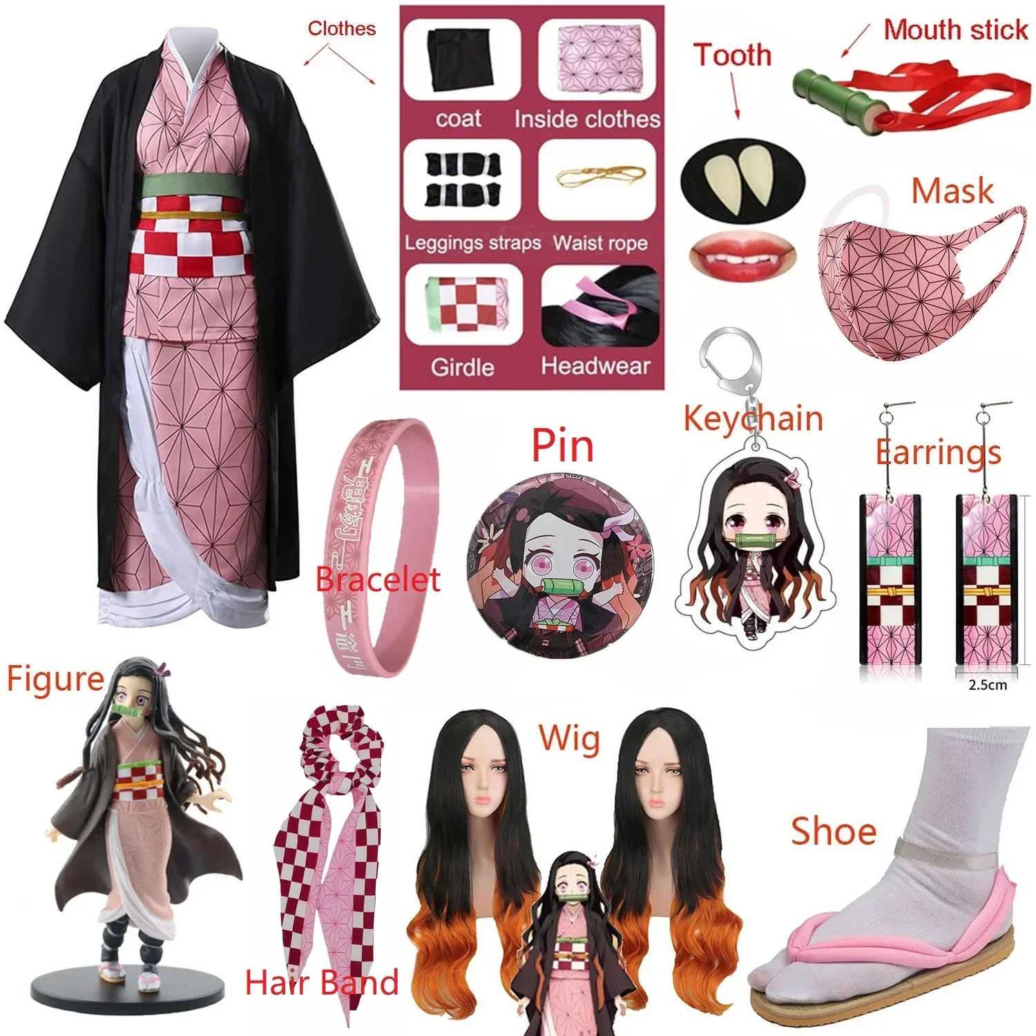 Anime Cosplay Nezuko - 大人子供アニメ 竈門禰豆子コスチュームコスプレイヤリングフィギュアマスクキーホルダーシューズウィッグ歯女性女の子着物ギフト