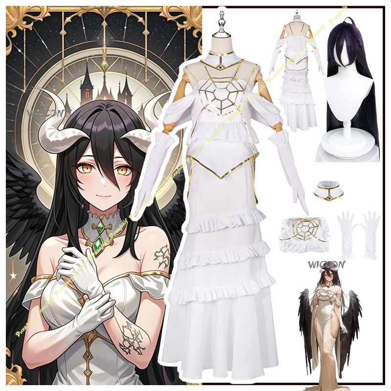 Anime Cosplay Albedo - コスプレ衣装アニメオーバーアルベドガールズドレスウィッグロードスカートセクシーなアクセサリー白スカート女性パーティースーツクリスマスハロウィン