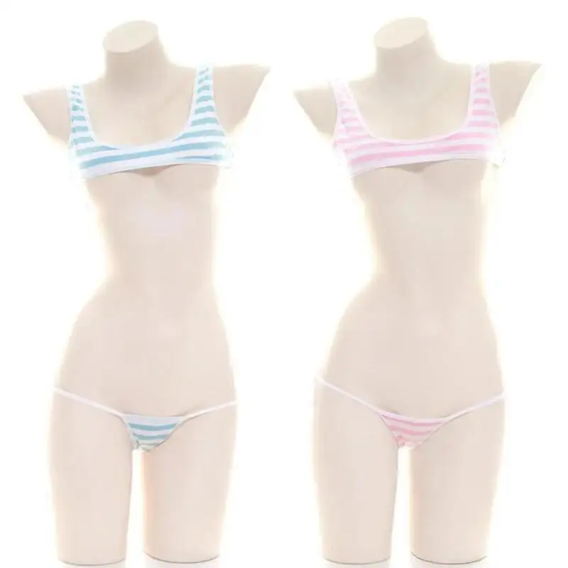 Anime Cosplay Bikini - セクシーな和風青白ストライプビキニ水着ストライプホルターマイクロビキニセット愛女性学生ロリータかわいい水着