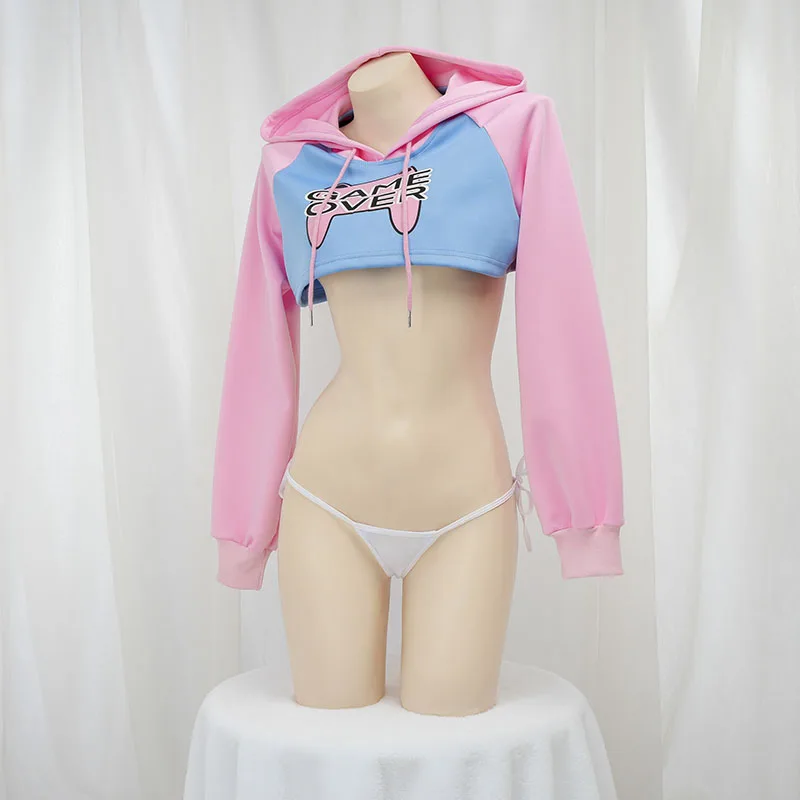 かわいい長袖クロップトップパーカーピンクブルーマッチングスタ - Anime Cosplay Bikini のレビューと価格