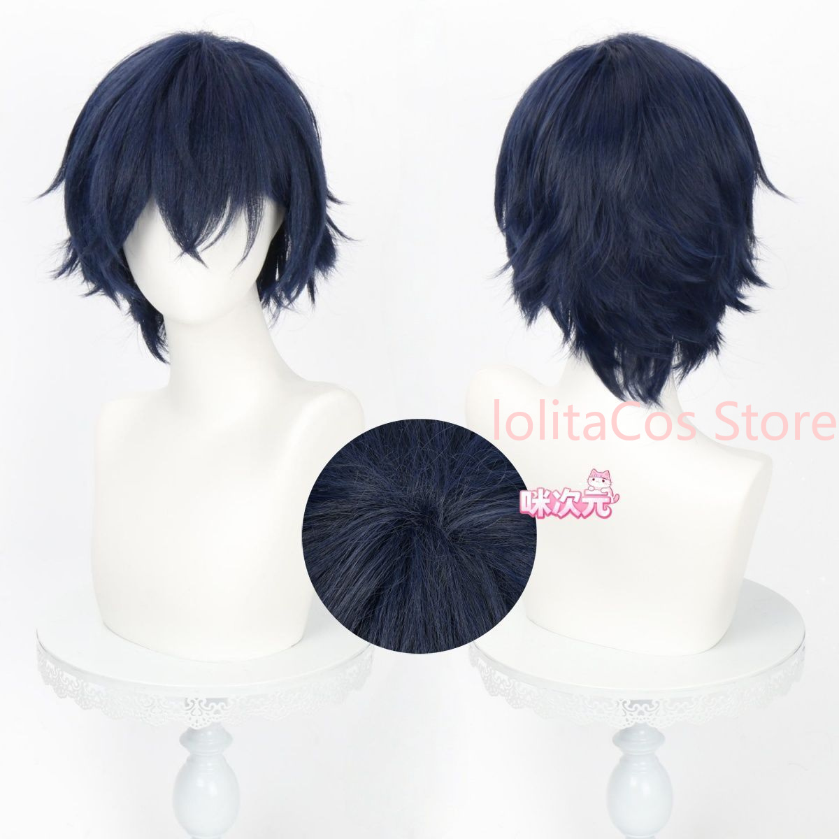 原神ヴァレリーコスプレウィッグ特別なダークブルーショートヘア - Anime Cosplay Blue Hair のレビューと価格