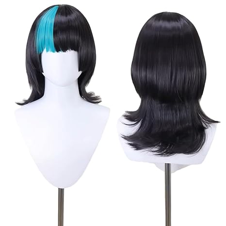 アニメキララ星ウィッグ青と黒のミディアムカーリーヘア前髪付き - Anime Cosplay Blue Hair のレビューと価格