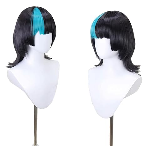 アニメキララ星ウィッグ青と黒のミディアムカーリーヘア前髪付き - Anime Cosplay Blue Hair のレビューと価格