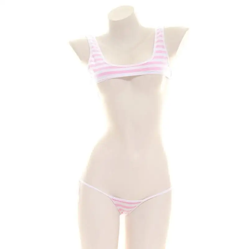 セクシーな和風青白ストライプビキニ水着ストライプホルターマイ - Anime Cosplay Bikini のレビューと価格