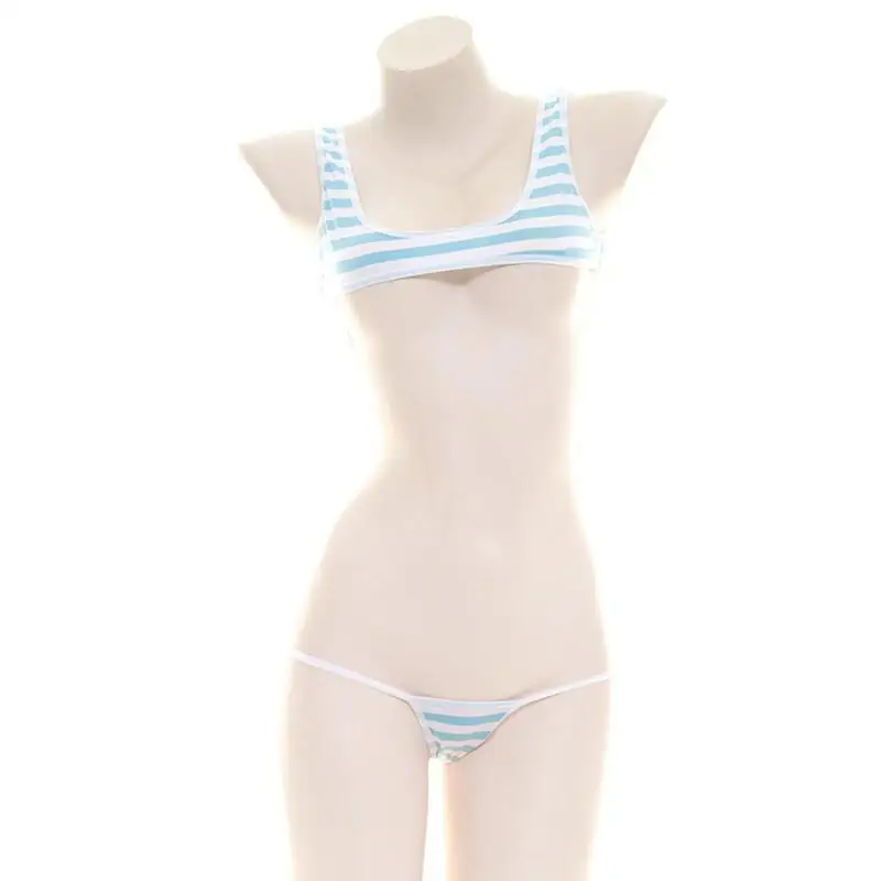 セクシーな和風青白ストライプビキニ水着ストライプホルターマイ - Anime Cosplay Bikini のレビューと価格